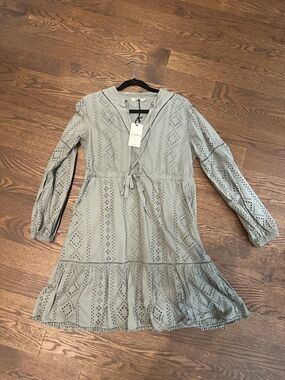 Eyelet Tie-Waist Long Sleeve Dress in Sage Green